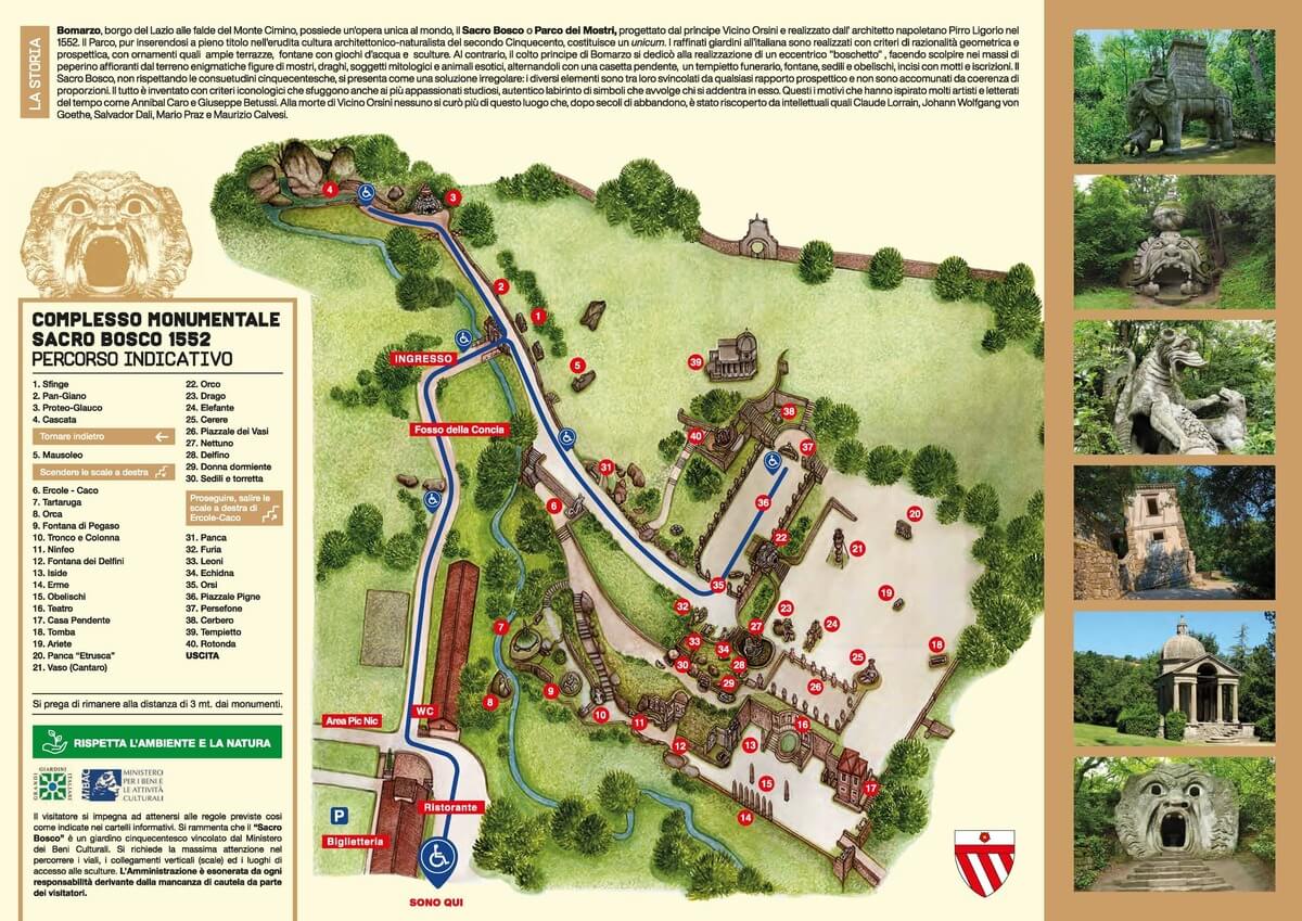 carte des jardins de Bomarzo avec le parcours et les principaux monuments